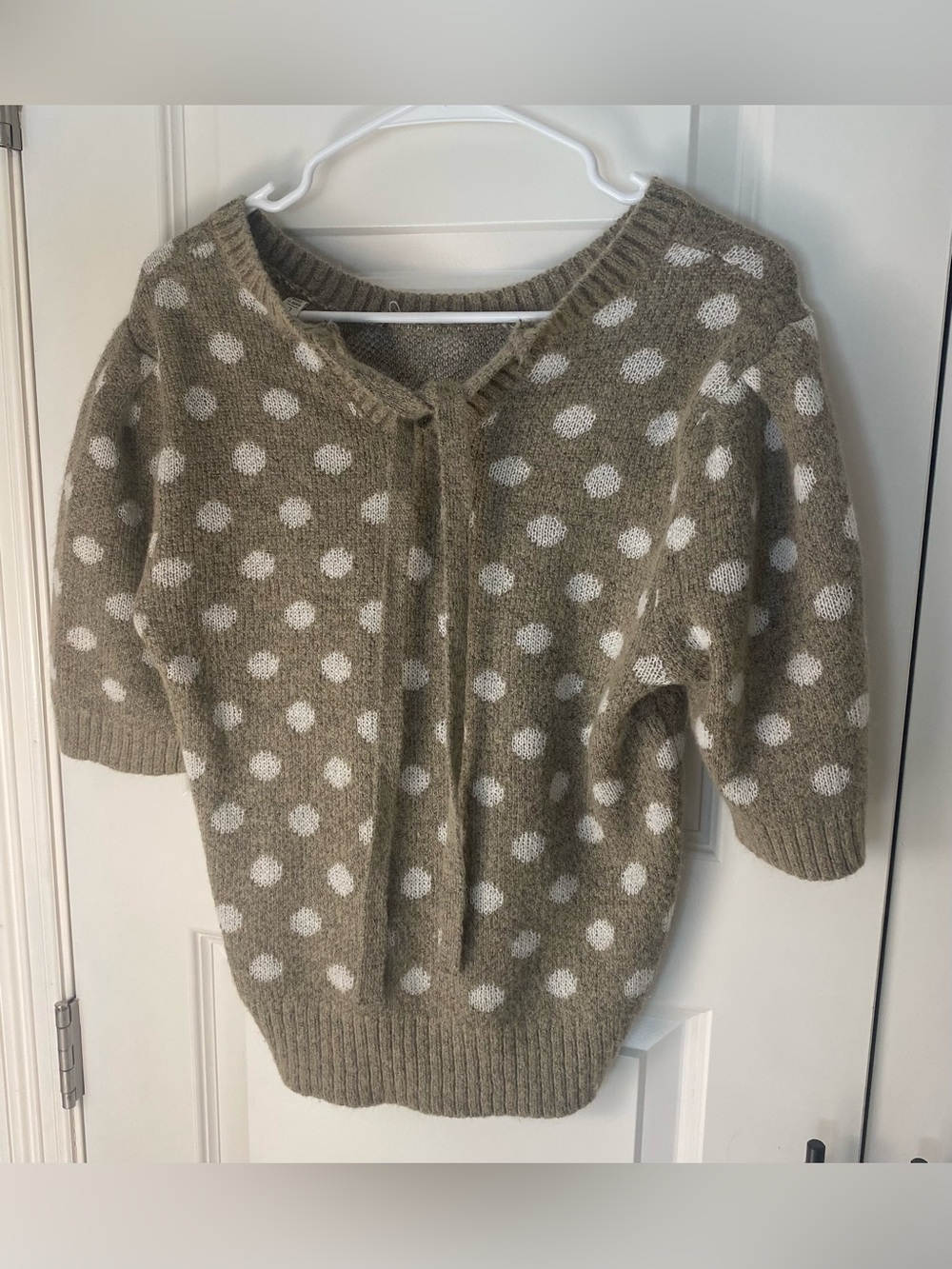 Versona Taupe Polka Dot Tie-Neck Sweater with White Dots